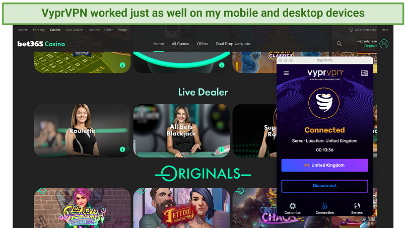 A screenshot of bet365 casino while connected to VyprVPN