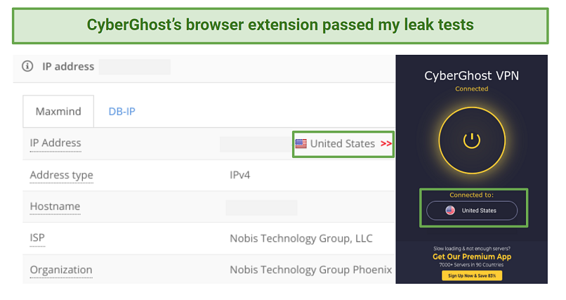 screenshot of CyberGhost's browser extension passing IP leak tests