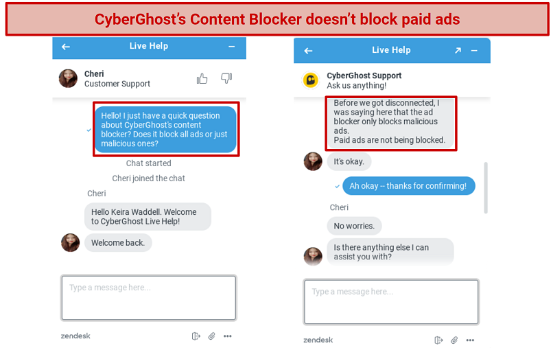 Screenshot of conversation with CyberGhost's customer rep explaining that Content Blocker only blocks malicious ads