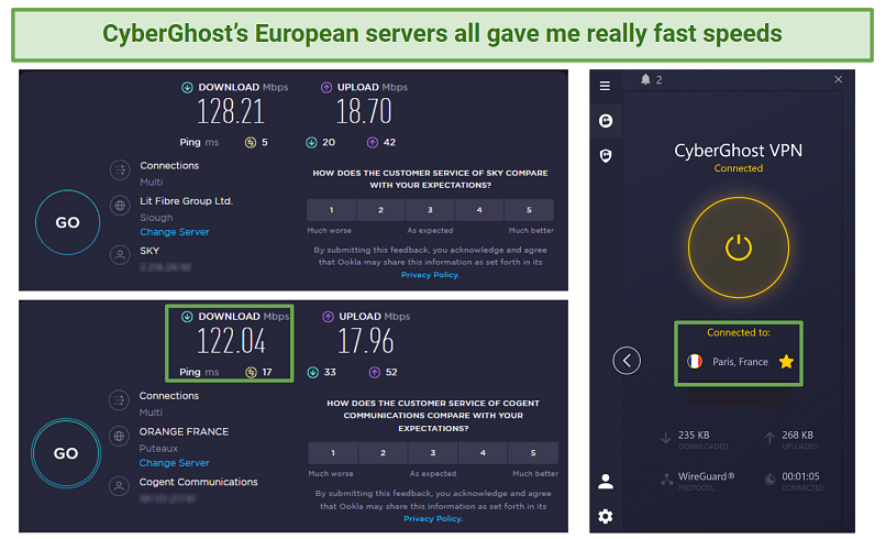 Captura de pantalla de pruebas de velocidad de Ookla sin VPN conectada y conectada a Cyberghost