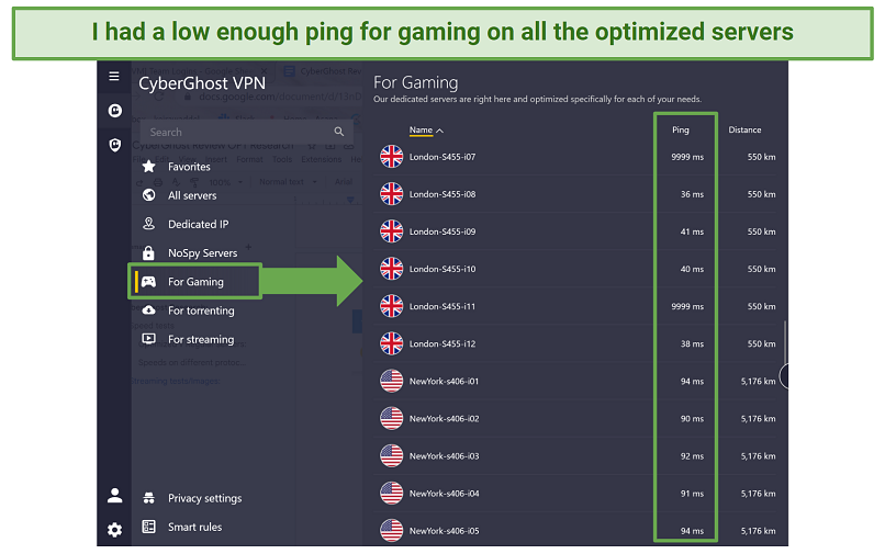 Screenshot of CyberGhost's gaming servers showing a low ping rate on the app