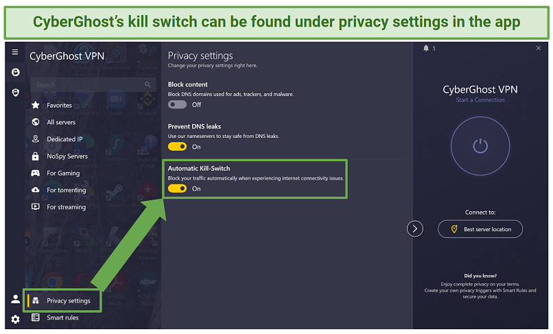 Screenshot of CyberGhost's kill switch in the Windows app