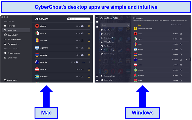 Στιγμιότυπα οθόνης των εφαρμογών Windows και MacOS CyberGhost