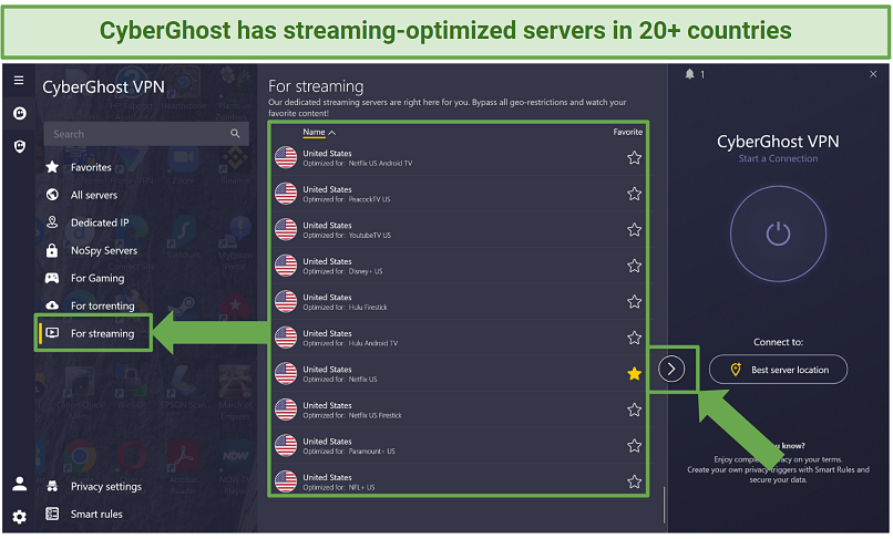 Screenshot of CyberGhost's optimized streaming servers in the Windows app