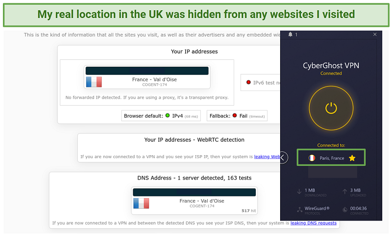 Screenshot of CyberGhost passing leak test on ipleaknet