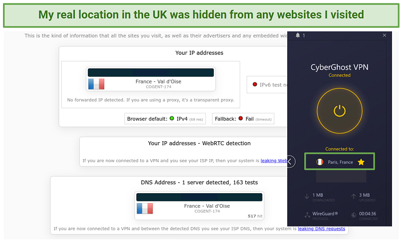 Στιγμιότυπο οθόνης του CyberGhost Passing Test on Ipleaknet