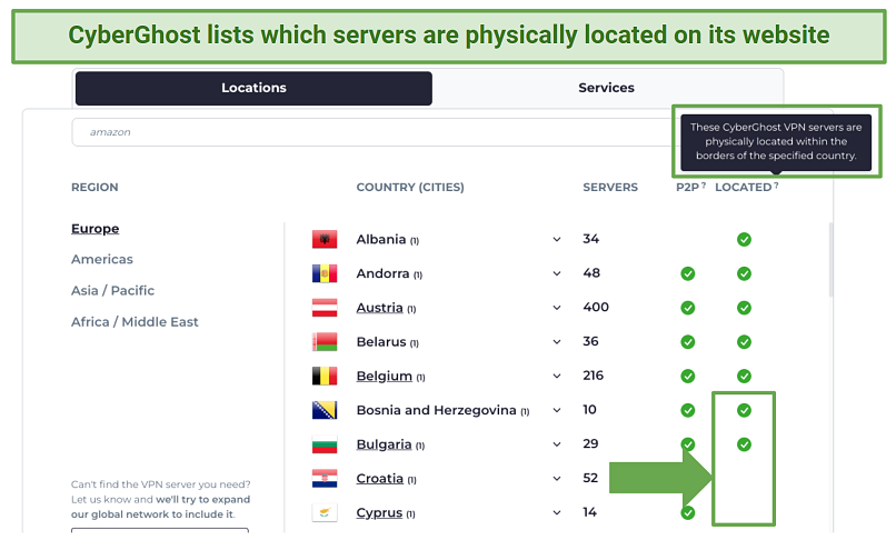 screenshot of CyberGhost's server list on its website highlighting the physical servers