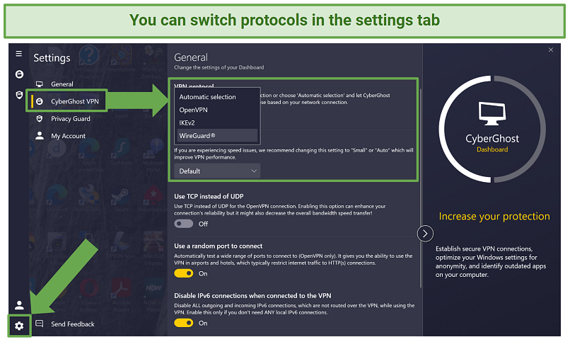 screenshot of CyberGhost's protocol settings in the app