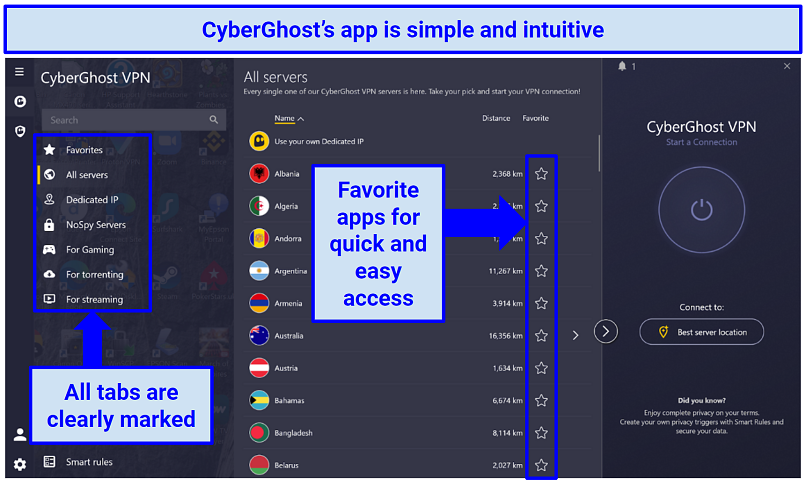 Screenshot showing CyberGhost's app highlighting the menu and how to favorite servers