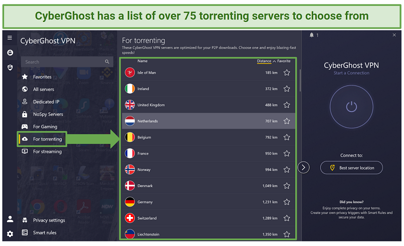 Screenshot showing CyberGhost's torrenting servers in the Windows app