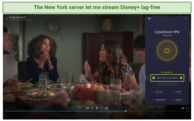 Screenshot of CyberGhost unblocking Disney+
