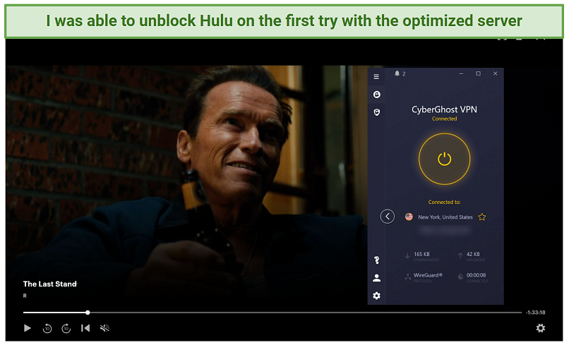 Screenshot of Hulu player streaming The Last Stand while connected to CyberGhost's Hulu server