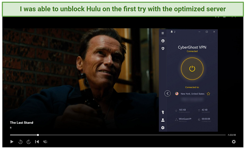 Στιγμιότυπο οθόνης του Hulu Player που ρέει την τελευταία στάση ενώ συνδέεται με το CyberGhost