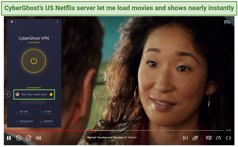 Screenshot of CyberGhost unblocking US Netflix