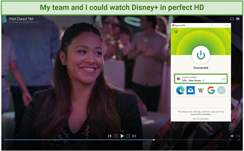 Screenshot of Disney+ player streaming Not Dead Yet while connected to ExpressVPN's US New Jersey 1 server
