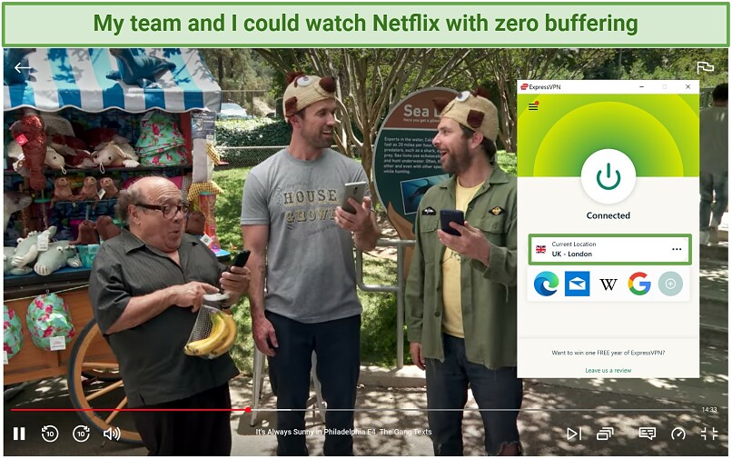 Screenshot of Netflix player streaming It's Always Sunny in Philadelphia while connected to ExpressVPN's UK London server