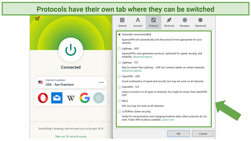 Screenshot showing protocols tab in ExpressVPN app for Windows