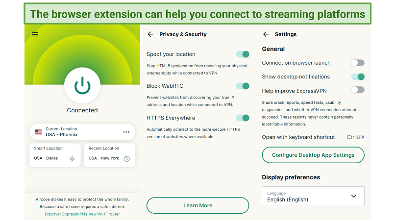 Screenshot of ExpressVPN's Chrome Browser Extension and its privacy and settings tabs