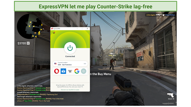 Screenshot of Counter-Strike: Global Offensive being played whiled connected to ExpressVPN