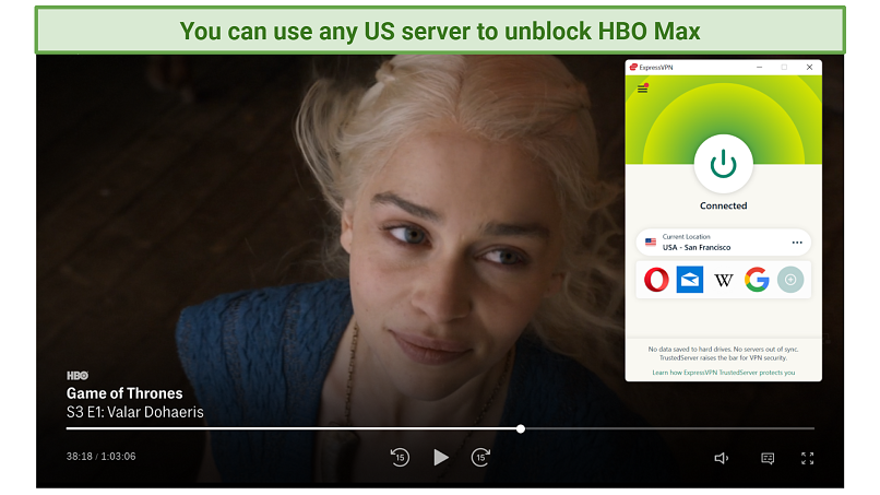 Screenshot of HBO Max player streaming Game of Thrones while connected to ExpressVPN 