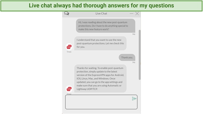 Screenshot of a discussion in ExpressVPN's live chat where an agent told me how to use its new post-quantum protection feature