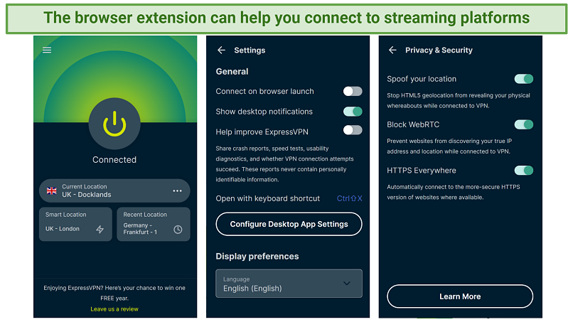 Screenshot showing the ExpressVPN Chrome extension and its option screens