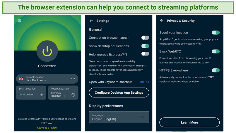 Captura de pantalla que muestra la extensión de Chrome ExpressVPN y sus pantallas de opción