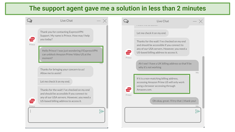 Screenshot of ExpressVPN's live chat support agent helping me access US Amazon Prime Video