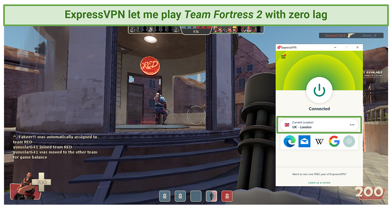 Screenshot of playing Team Fortress 2 connected to ExpressVPN's London server