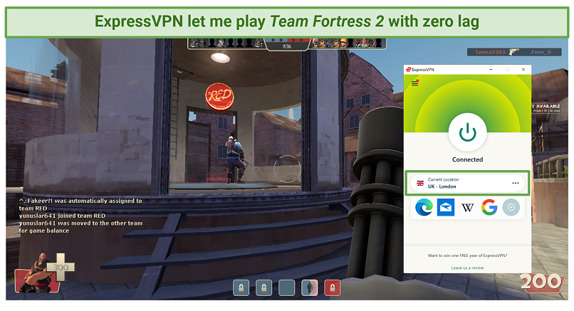 Captura de pantalla del equipo de juego Fortress 2 conectado a ExpressVPN