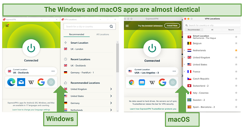 Screenshots of the ExpressVPN Windows and Mac apps side-by-side
