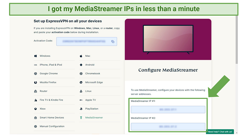 Captura de pantalla de la configuración de MediaStreamer en el sitio web de la cuenta de ExpressVPN