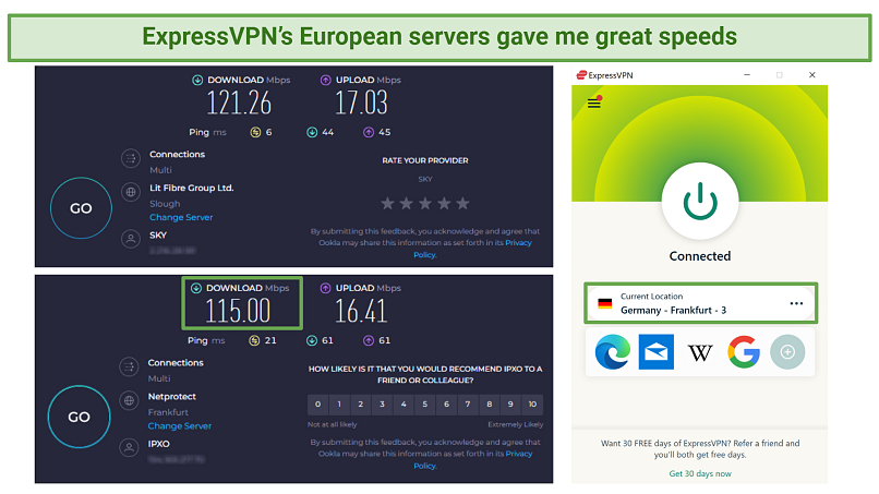 Screenshot of ExpressVPN's speed test on Ookla using the German server