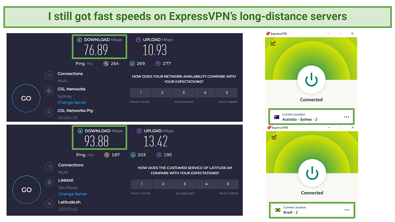 Screenshots of ExpressVPN's speeds tests on Ookla on long-distance servers