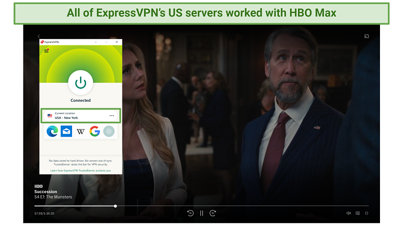 Captura de pantalla de los servidores de Expressvpn US que trabajan para desbloquear HBO Max