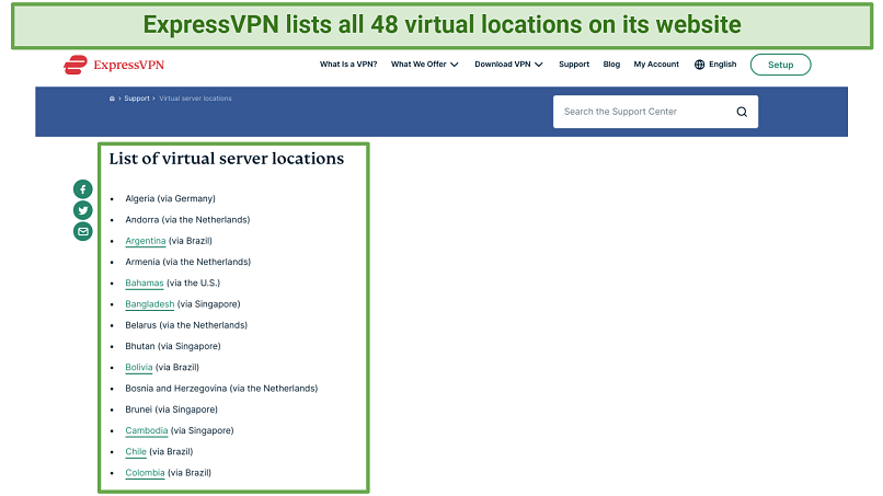 Captura de pantalla de la lista de servidores virtuales en ExpressVPN