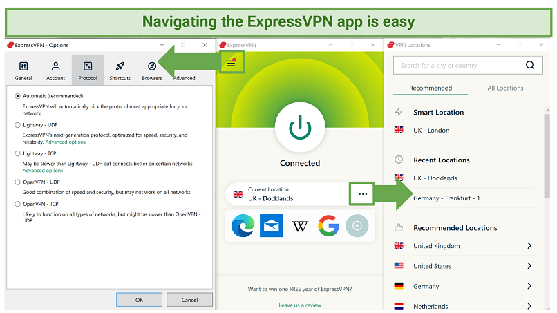 Captura de pantalla de la aplicación ExpressVPN Windows que muestra la pantalla de inicio, la lista de servidores y la página de opciones