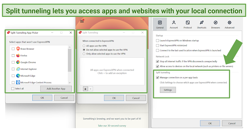 Screenshot of ExpressVPN split tunneling features on Android and Windows apps