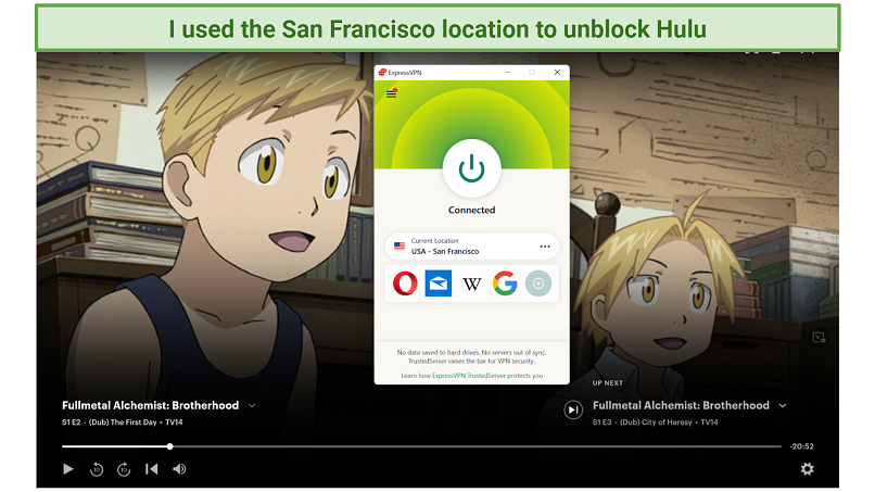 Screenshot of Hulu player streaming Fullmetal Alchemist Brotherhood while connected to ExpressVPN 