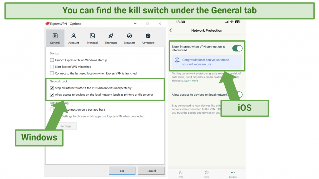 Screenshot of the kill switch on the Windows and iOS apps