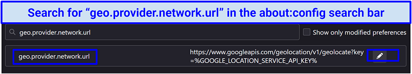 A screenshot showing Firefox's geo.provider.network.url preference