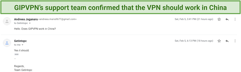 screenshot of GIPVPN's support answer