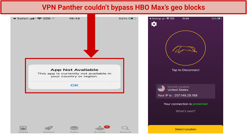 Graphic showingHBO Max blocked using VPN Panther
