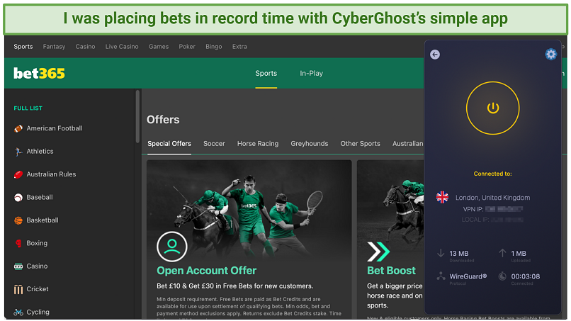 Screenshot of the CyberGhost app connected to a UK server over the bet365 homepage