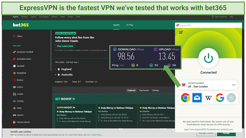Screenshot of the ExpressVPN app connected to a UK server over an online speed test while unblocking bet365