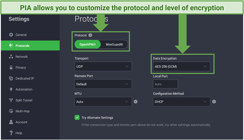 A screenshot showing PIA comes with customizable security features.