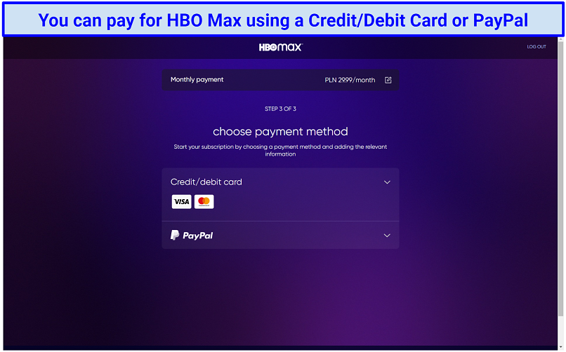 Screenshot of HBO Max Poland payment options.