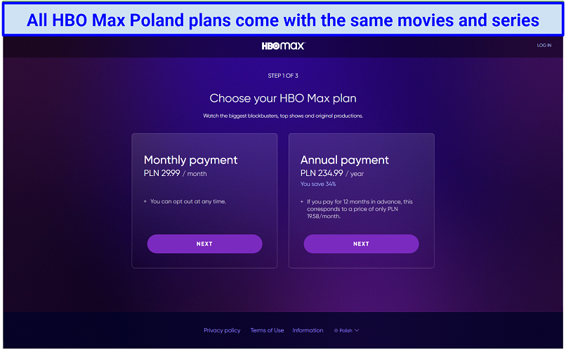 Screenshot of HBO Max Poland subscription plans.
