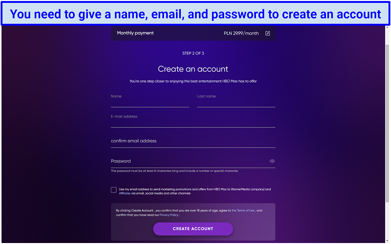 Screenshot of the Create an account page on HBO Max Poland.