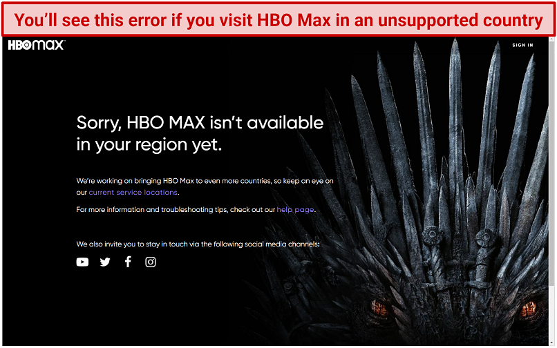 Location error when trying to access HBO Max from an unsupported region.